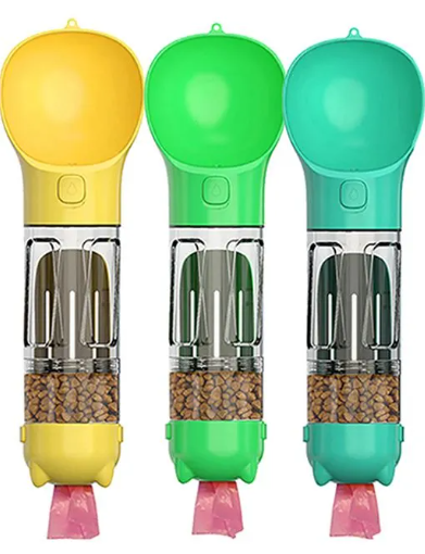 🐶 4-in-1 Pet Travel Water Bottle – Hydration, Snacks & Clean-Up Made Easy